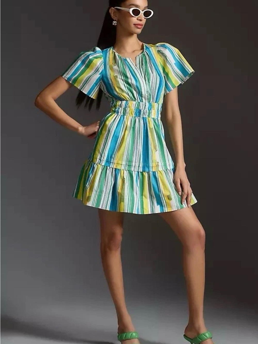 Anthropologie Somerset Striped Mini Dress in Blue, Green & Yellow